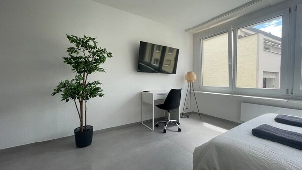 Moderni hotellihuone, jossa on sänky, työpöytä, tuoli, ruukkukasvi, televisio ja ikkuna, josta on näkymä rakennuksiin.