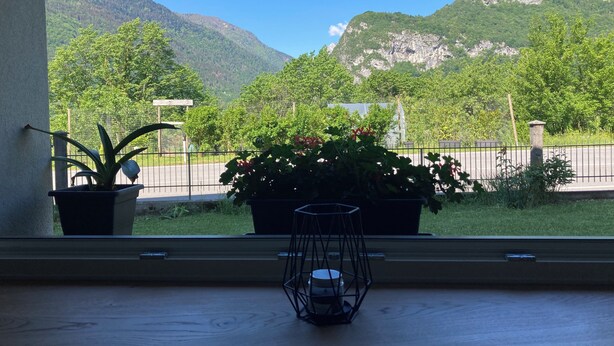 A view from a window with a potted plant and a candle holder on a wooden floor. - Meraki Dolomites - Cozy Apartment with Garden and Mountain View (Longarone)
