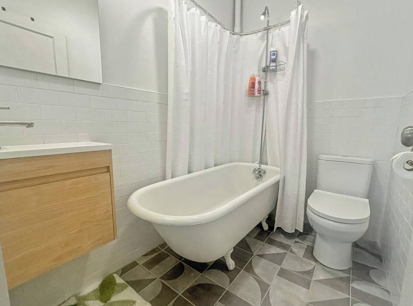 Hair dryer, towels, soap, toilet paper