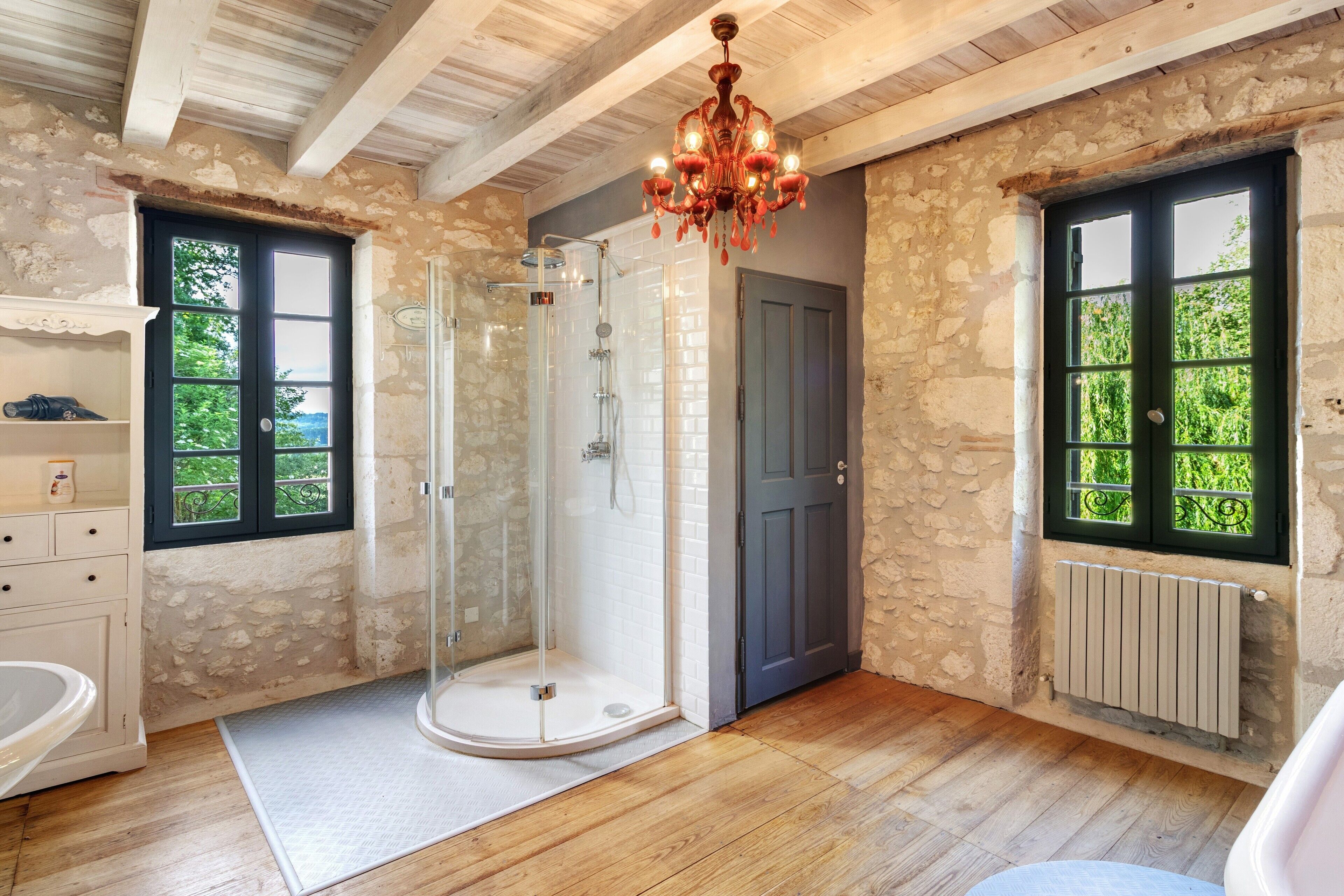 Shower, hair dryer, towels