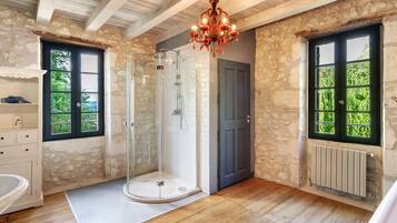 Shower, hair dryer, towels