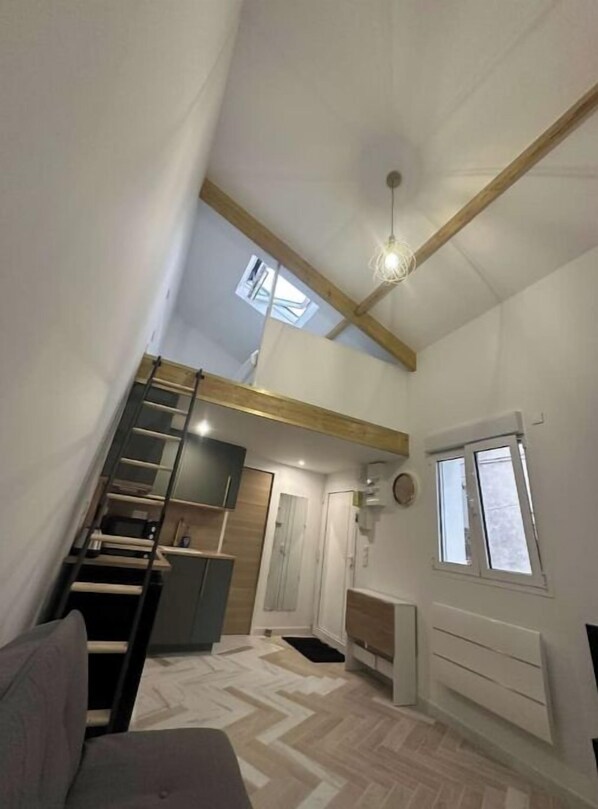 A compact, modern interior with a loft-style sleeping area, a kitchenette, and a small bathroom.