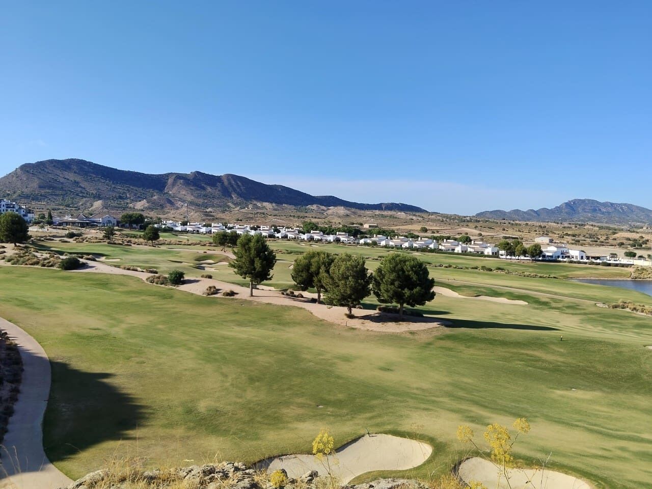 Un parcours de golf avec des bunkers, des arbres et une chaîne de montagnes visible au loin.