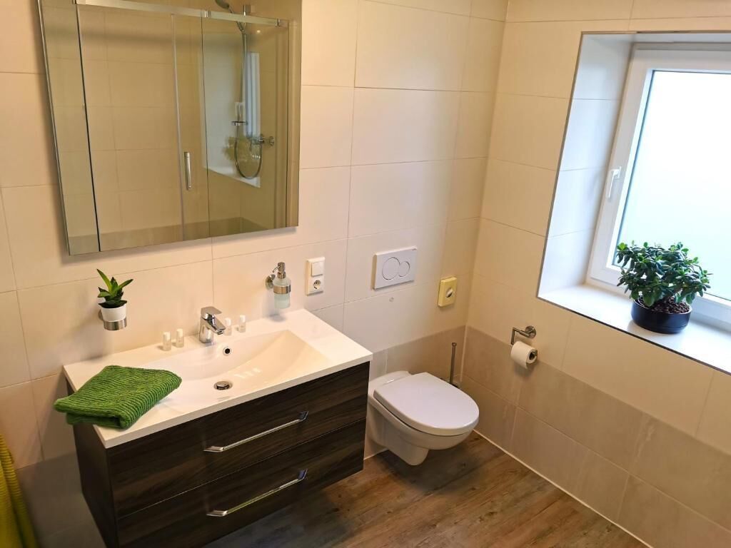 A bathroom with a white sink, dark wooden vanity, a toilet, and a window with a potted plant.