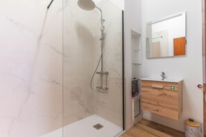 Regadera, secadora de cabello, toallas, papel de baño 