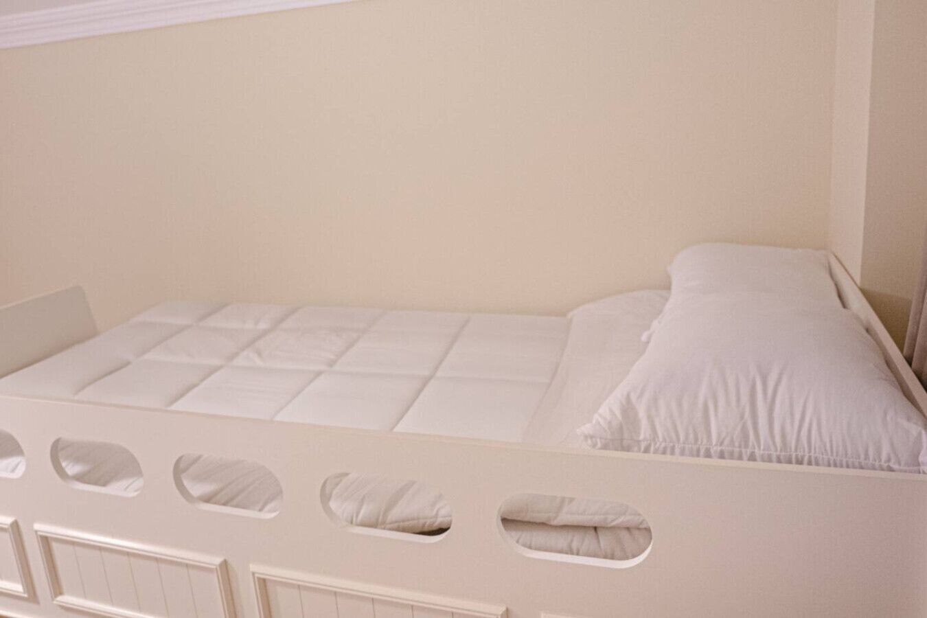 A single bed with a headboard, a mattress, and two pillows.