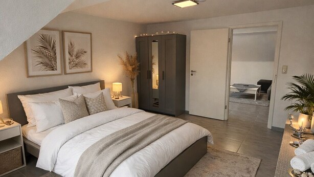 Une chambre moderne avec un grand lit, une table de chevet, une armoire et un petit coin salon agrémenté d’une plante.