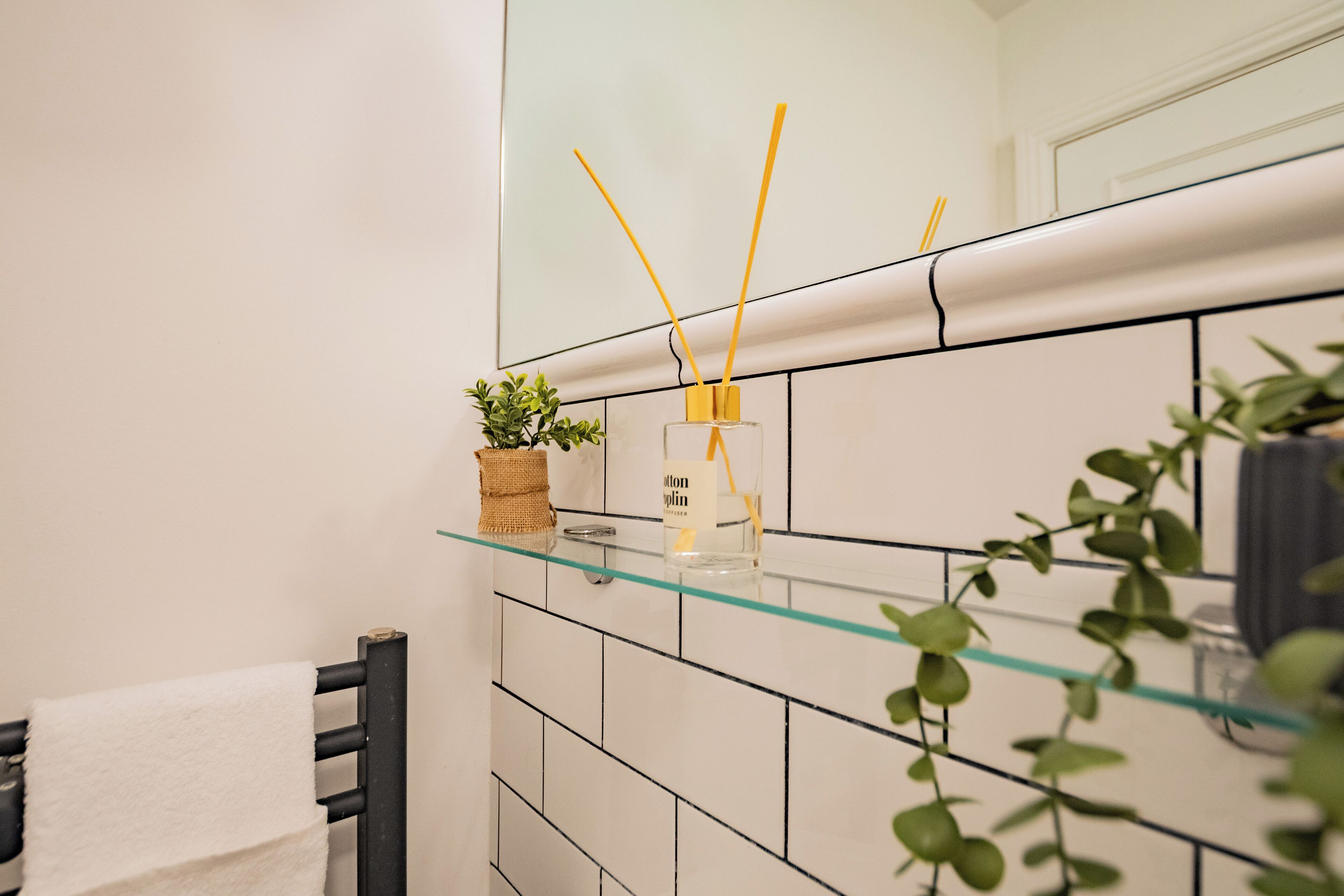 A bathroom with a glass shelf holding a bottle of lotion and a small plant.