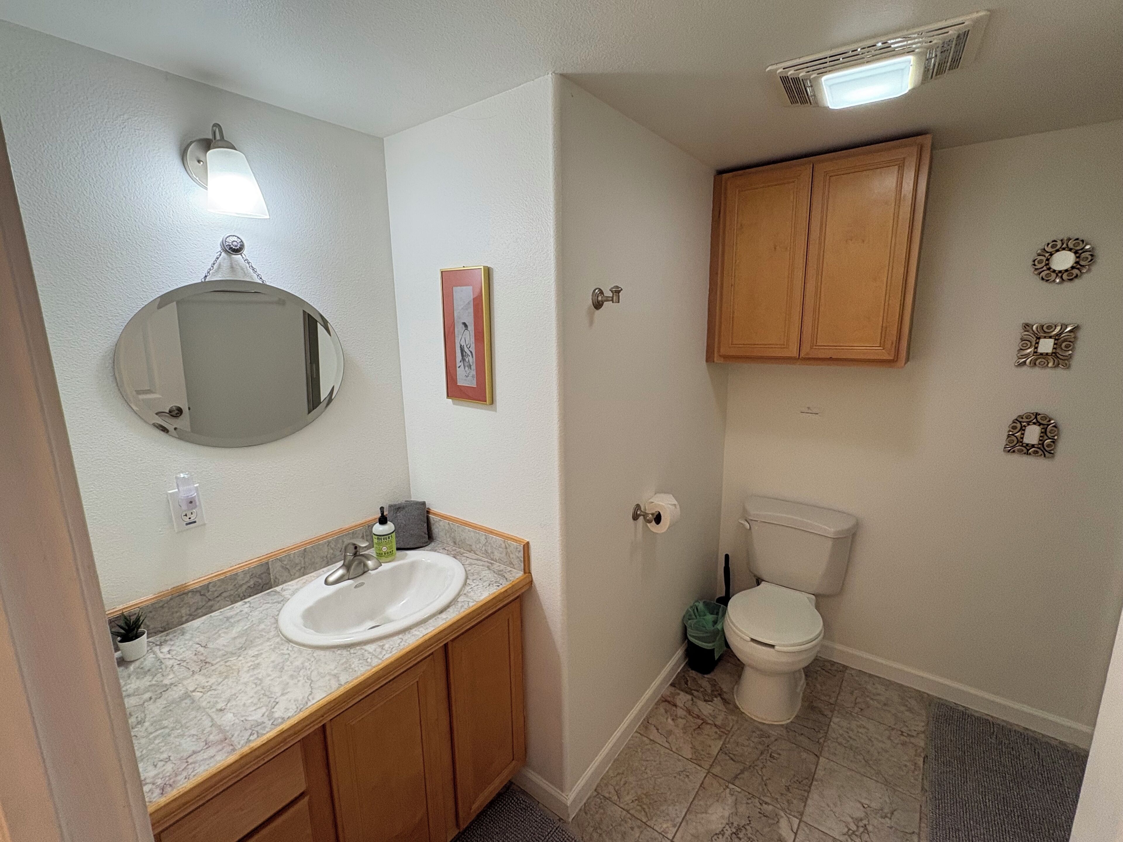 Une salle de bain avec un lavabo en marbre, des meubles en bois, des toilettes et un miroir avec un luminaire.