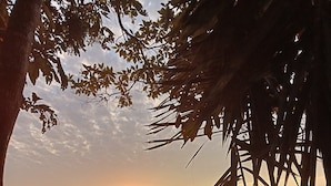 A sunset over a calm body of water with trees framing the view. - KingFisher Ecolodge (Misahualli)