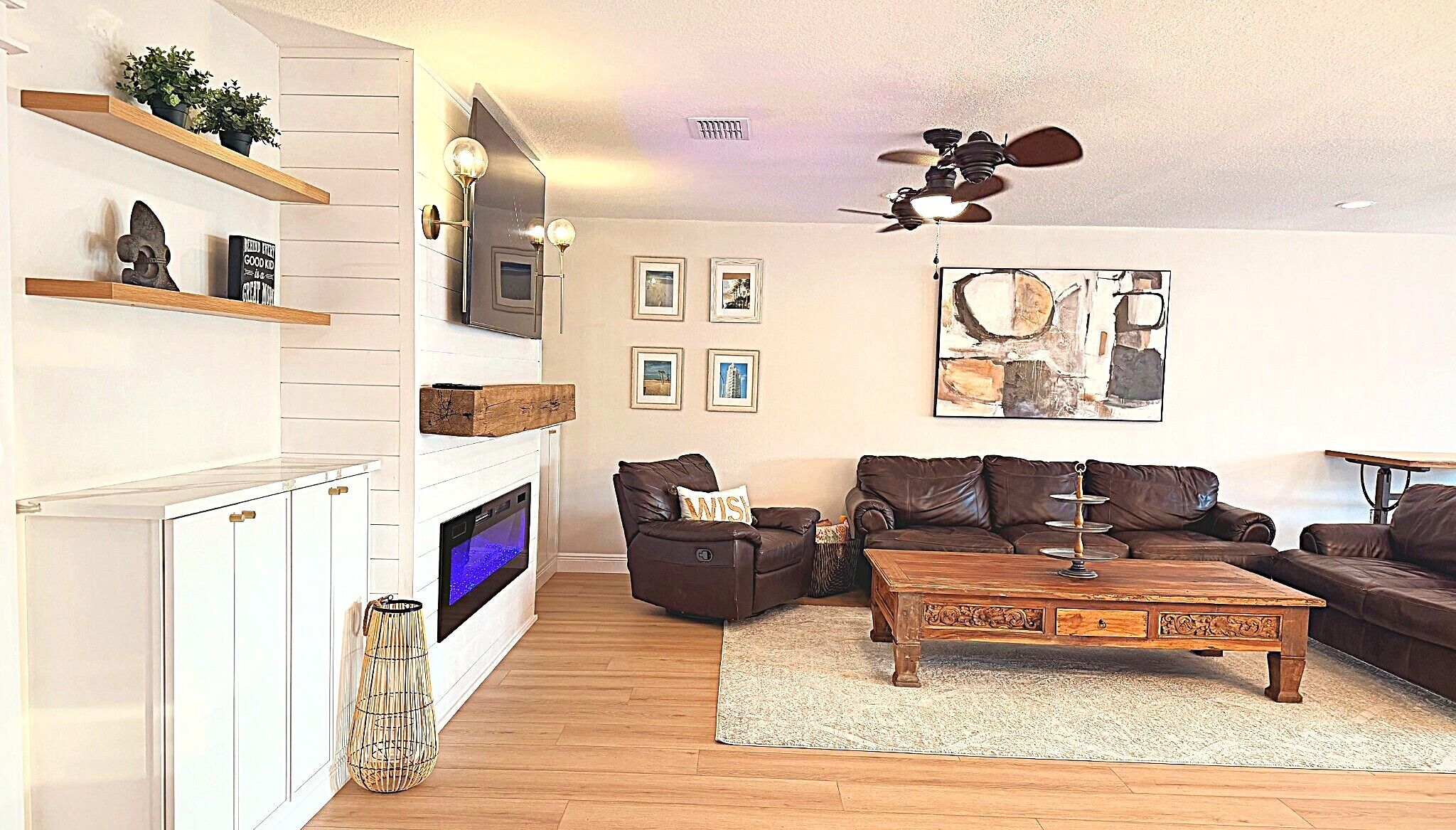 Smart TV, fireplace, books