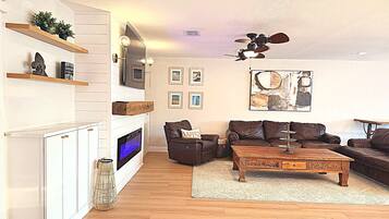 Smart TV, fireplace, books