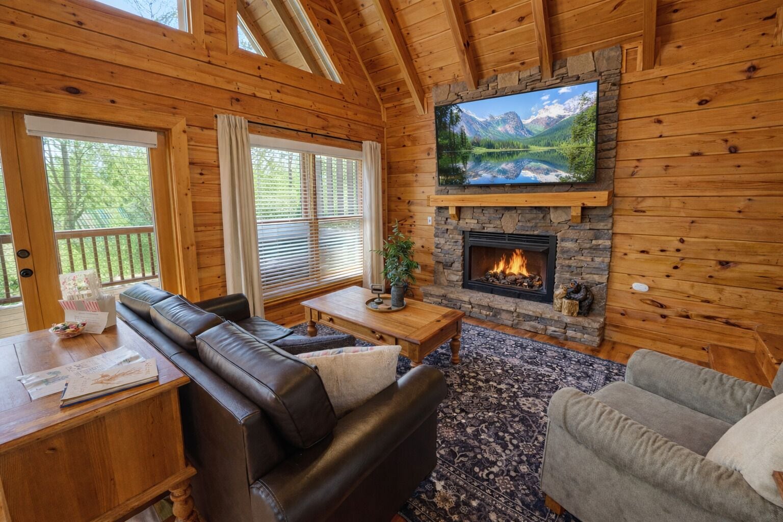 Smart TV, chimenea y libros 