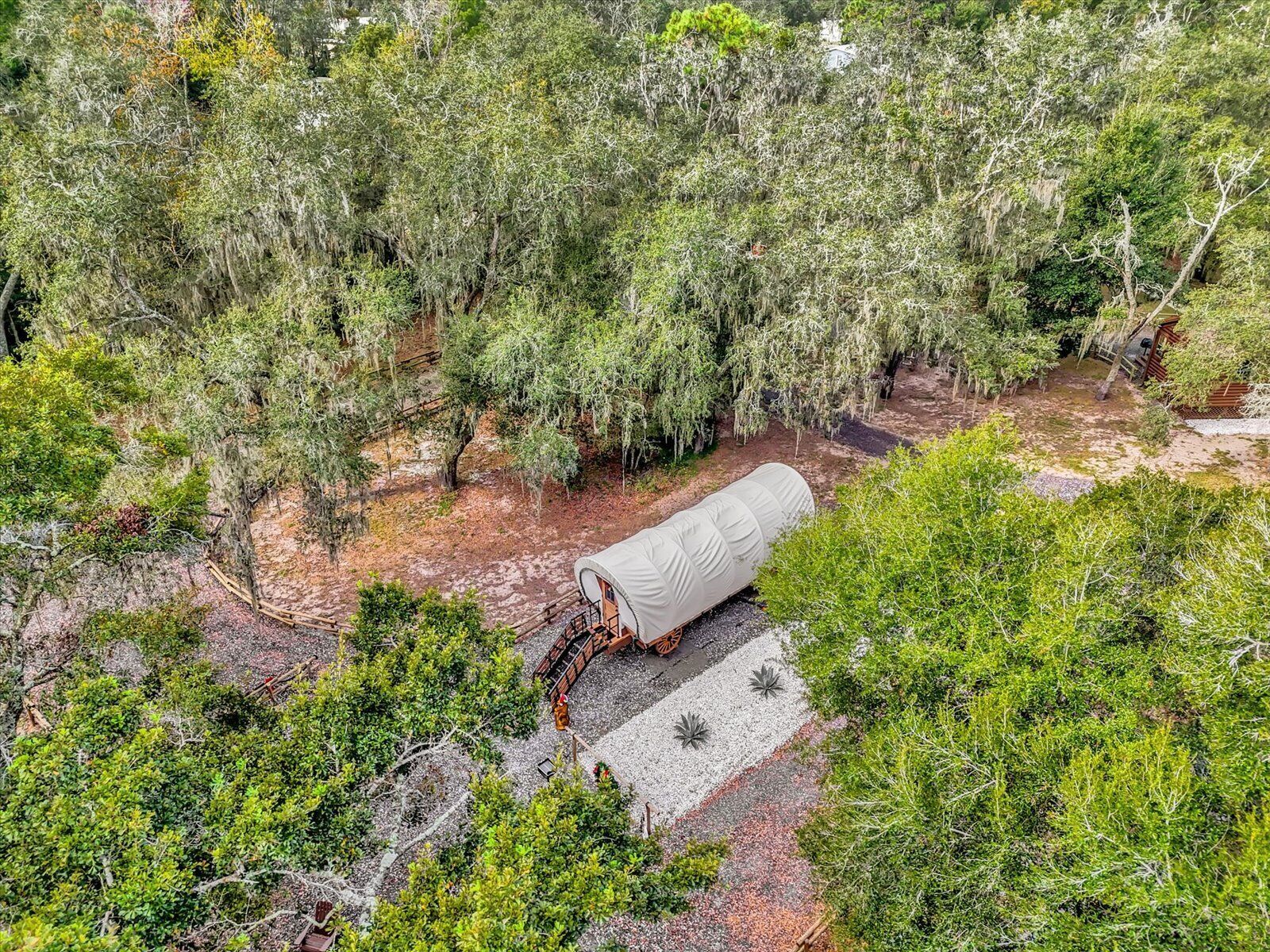 A large, covered vehicle parked in a natural, wooded area with a gravel path.