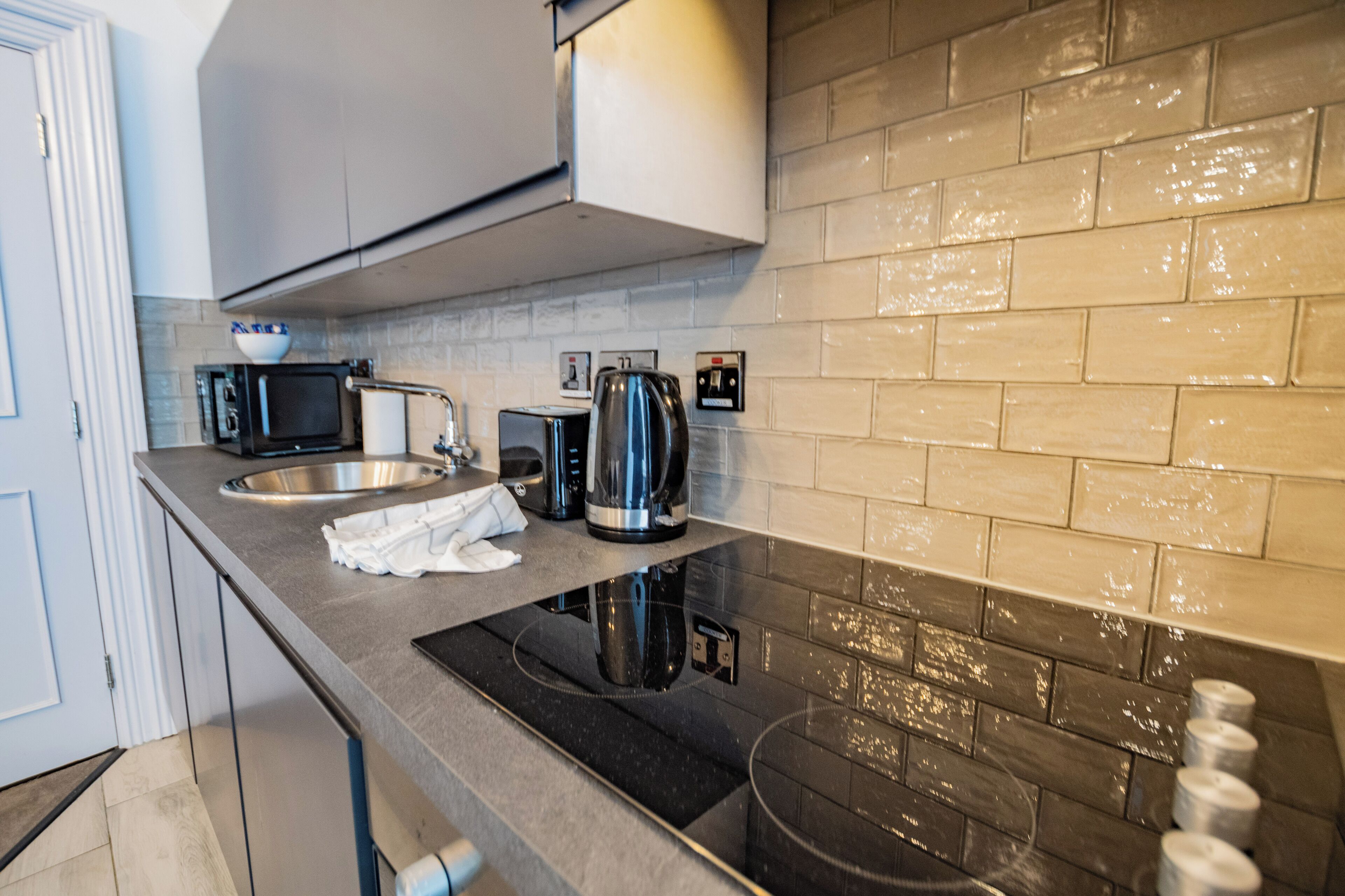 Frigorífico, microondas, horno y placa de cocina