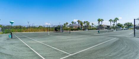 A tennis court with a net, surrounded by a fence, palm trees, and buildings in the background.