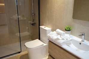 Douche, séchoir à cheveux, serviettes fournies