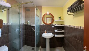 Hair dryer, towels, soap, toilet paper