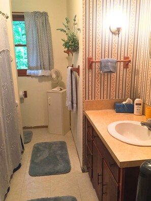 Secador de cabelo, toalhas de banho, sabonete, papel higiênico