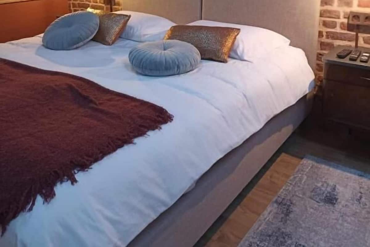 A bedroom with a brick wall, a bed with multiple pillows, a red throw blanket, and a nightstand with a lamp.