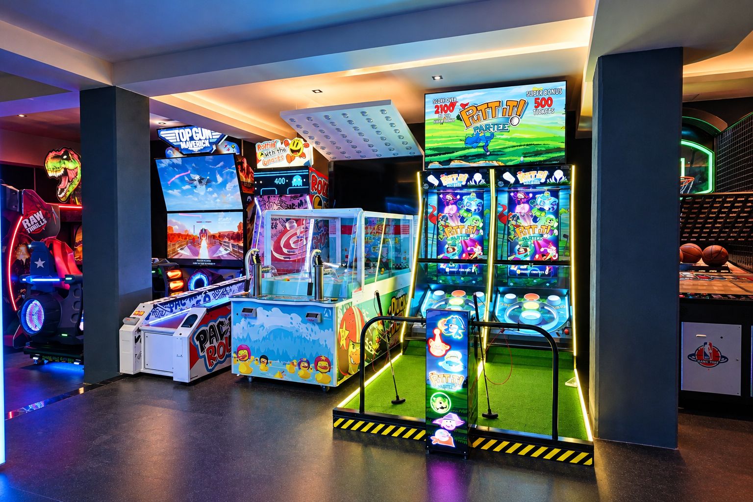 Un salón de juegos interior con diversas máquinas recreativas, incluyendo un juego de Pac-Man y una máquina de baloncesto.