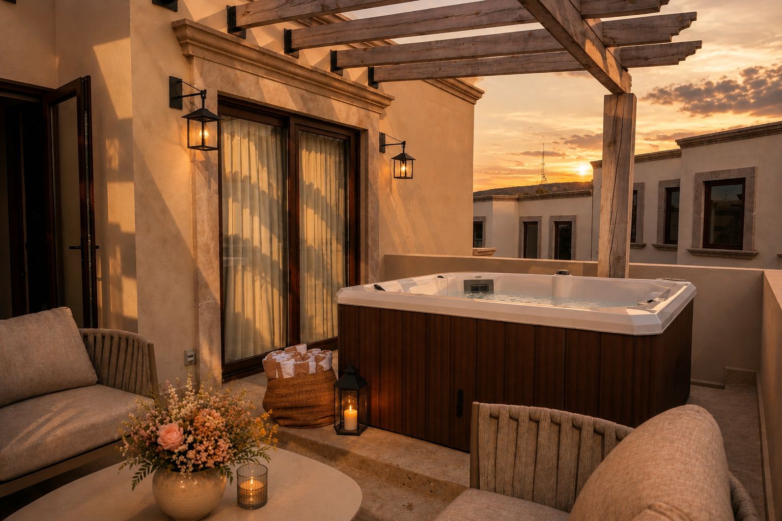 Un jacuzzi en un espacio exterior cubierto con una pérgola de madera, un sofá, una mesa con un jarrón de flores y una vela.