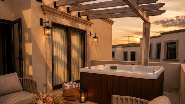 A hot tub in a covered outdoor area with a wooden pergola, a sofa, a table with a vase of flowers, and a candle. - Trobbu Boutique Collection San Miguel de Allende - All Inclusive (San Miguel de Allende)