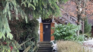 Una escalera de madera que lleva a una puerta negra, rodeada de follaje y parches de nieve.