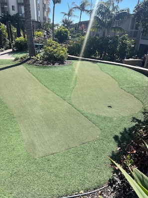 A well-maintained artificial grass area with a curved design, surrounded by lush greenery and palm trees. - Oceanview Retreat at North Coast Village B107 (Oceanside)