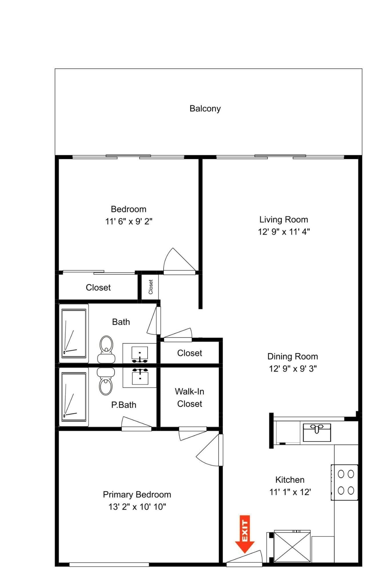 A floor plan with a bedroom, living room, dining room, kitchen, and primary bedroom.