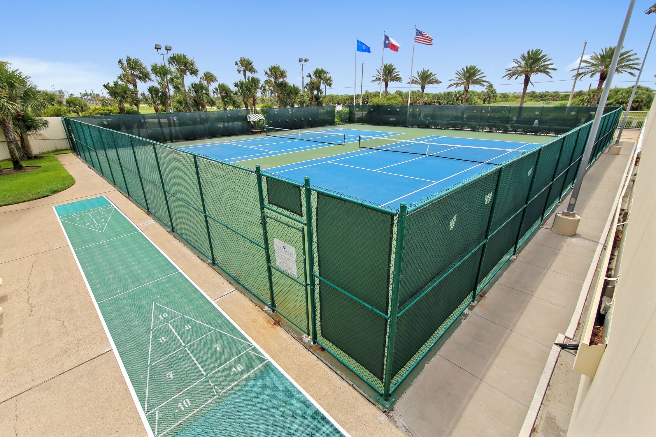 A tennis court with a green fence, a shuffleboard court, and palm trees in the background.