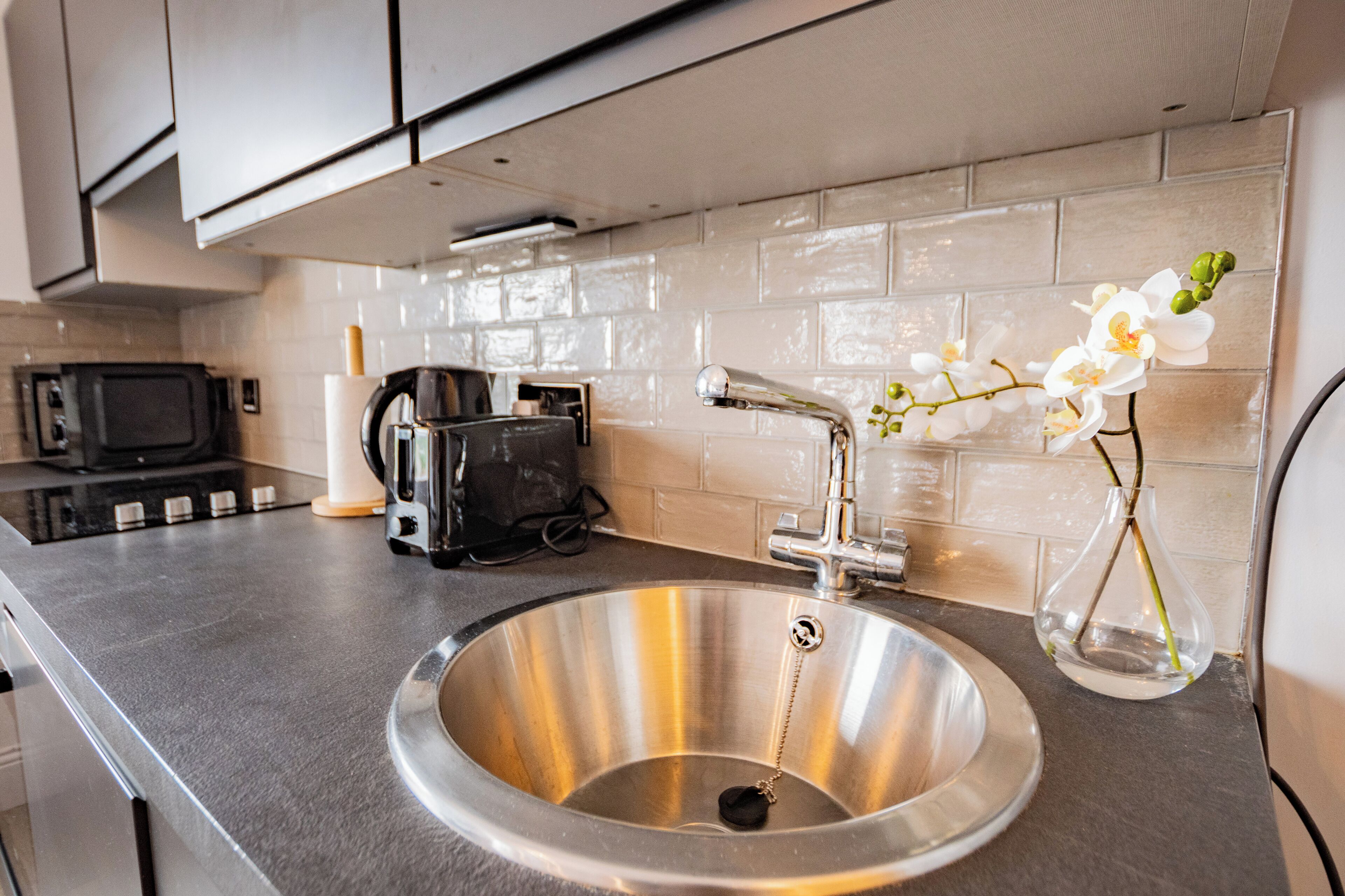 Frigorífico, microondas, horno y placa de cocina