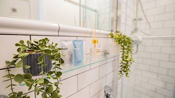 Ducha, secador de pelo, toallas y jabón