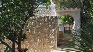 A stone wall with a gate, a paved pathway, and a palm tree. - Villa Palma with magnificent unobstructed view of the mountain (VC)