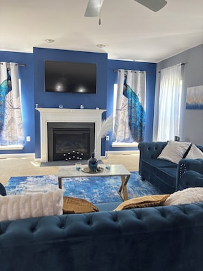 Smart TV, fireplace, books, printers