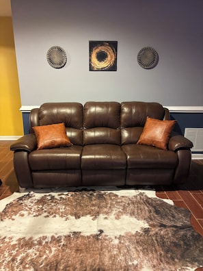 Smart TV, fireplace, books, printers