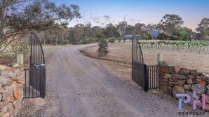 A gravel driveway leading to a gated property with a stone wall and a vineyard in the background. - The Castle: Off-Grid Retreat nestled in the Sedgwick Valley 20 mins from Bendigo (Sedgwick)