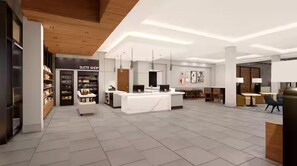 A modern hotel lobby with a reception desk, a 'Suite Shop' with shelves of toiletries, and a seating area with tables and chairs. - Homewood Suites By Hilton Coppell Dfw Airport North (Coppell)