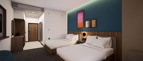 A hotel room with two beds, a desk, a chair, and a bathroom.
