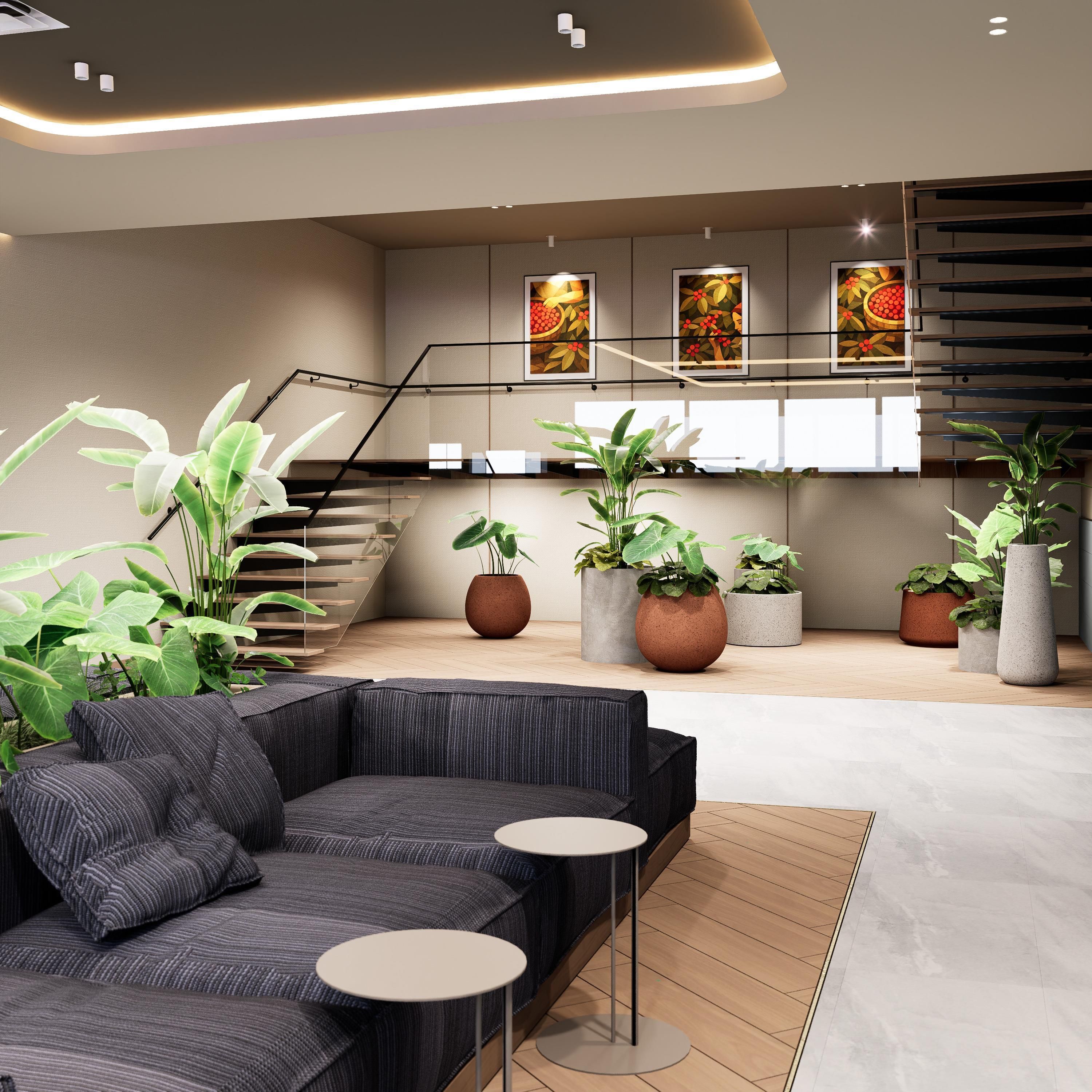 Un interior moderno con un sofá seccional, mesas redondas, plantas en macetas, una escalera y obras de arte en las paredes.