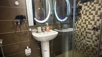 Ducha, secador de pelo, toallas y papel higiénico