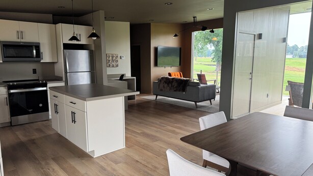A modern kitchen with built-in appliances, a dining area with a large table, and a living space with a sofa and TV.