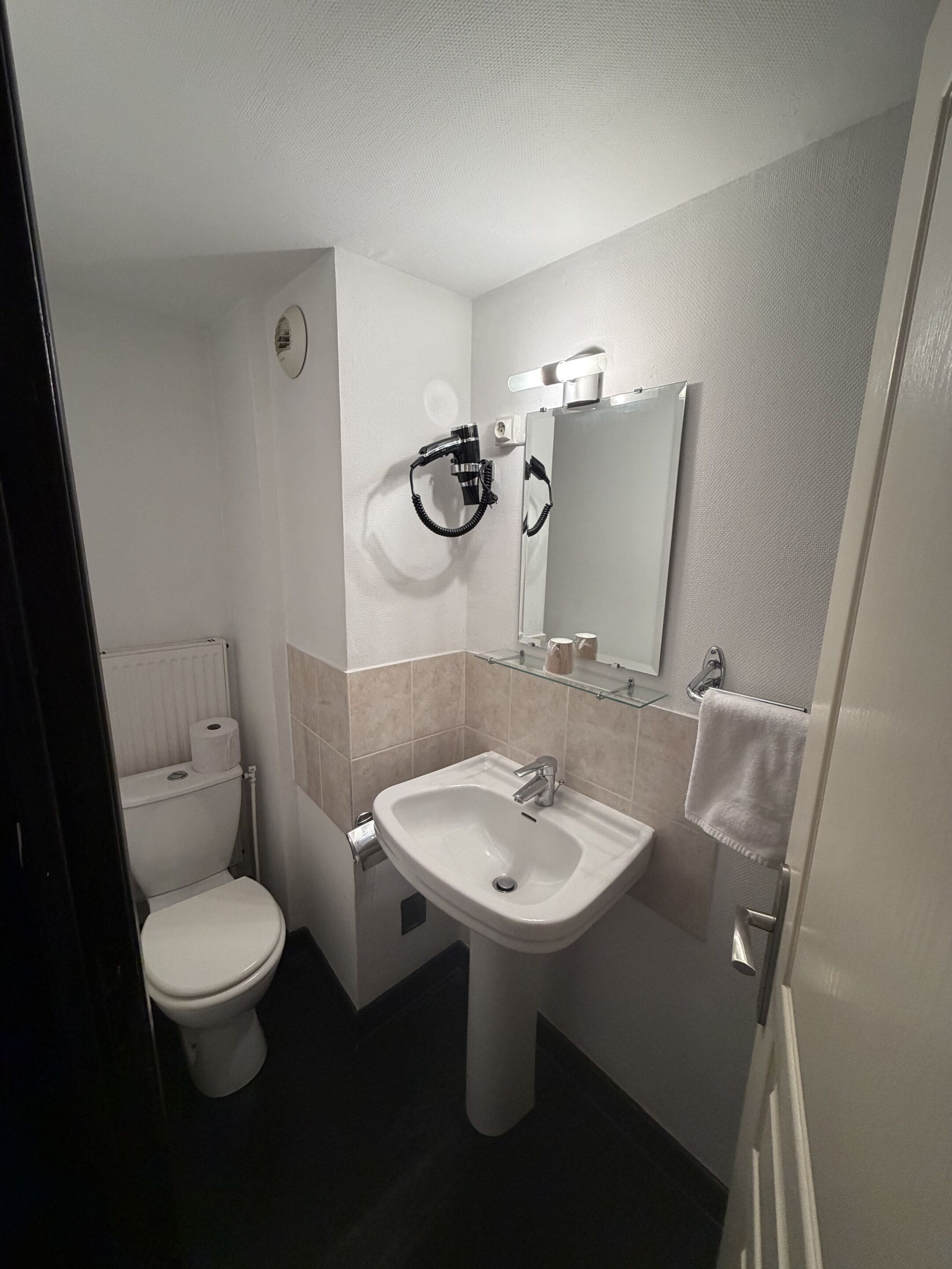 A compact bathroom with a white toilet, a pedestal sink, and a mirror above it.
