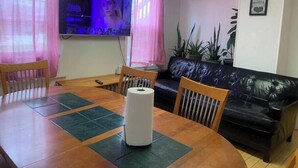 Kokoushuone, jossa on puinen pöytä, tuoleja, musta nahkasohva, televisio ja ruukkukasveja.