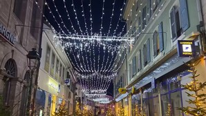 Une rue bordée d’immeubles, décorée de guirlandes lumineuses et d’arbres de Noël.