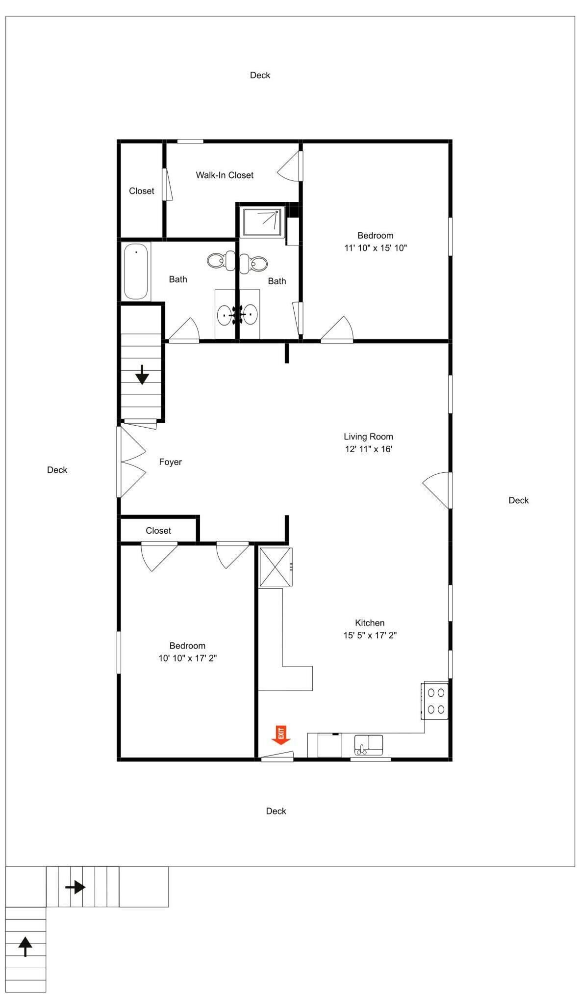 Un plan d’étage d’une maison comprenant une terrasse, deux chambres, un salon, une salle de bain, un hall d’entrée et une cuisine.