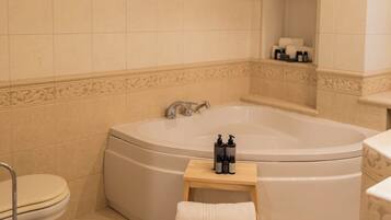 Hair dryer, bidet, towels, soap