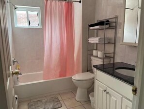 Hair dryer, towels, soap, toilet paper