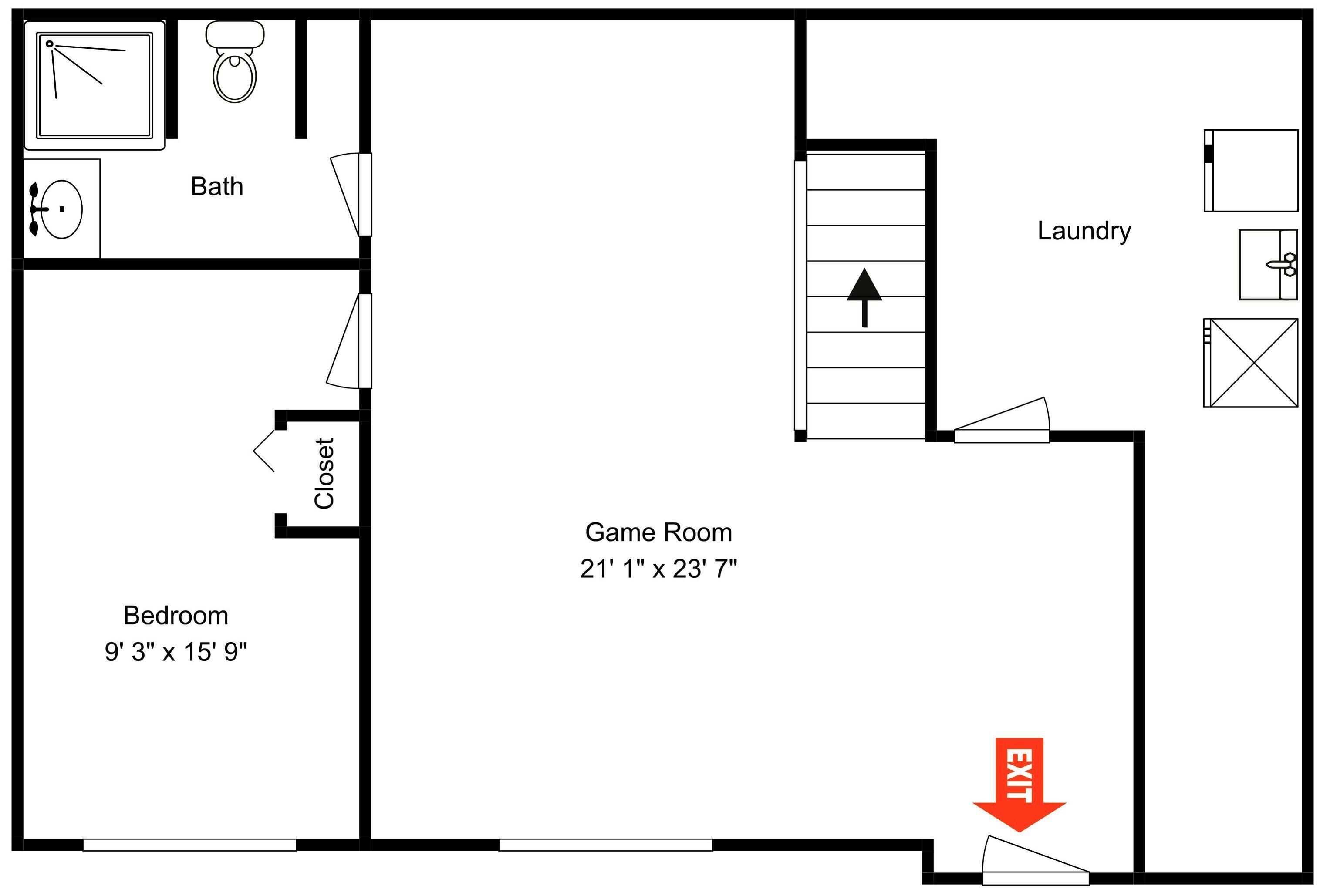 Plano de planta que muestra un dormitorio, baño, armario, sala de juegos y área de lavandería.