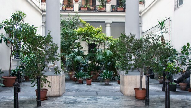 A courtyard with potted plants and columns. - Lady Rose One - One Bedroom Apartment, Sleeps 4 (Naples)